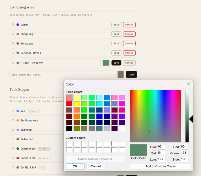 Editing a category with the color picker open