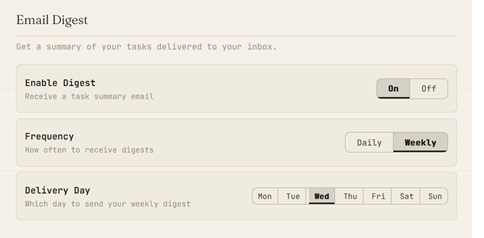 Email Digest settings with Weekly selected on Wednesday