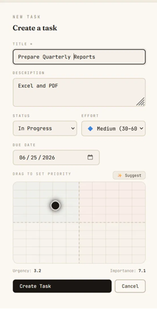 The Create Task panel with fields filled in