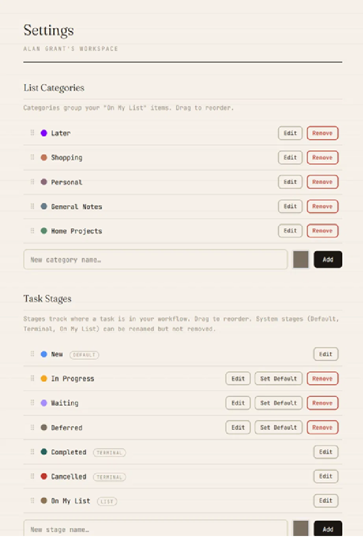 Categories and Task Stages in Settings